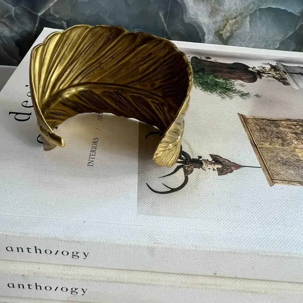 Women's Brass Leaf Cuff Bracelet Adjustable Signed by Joan